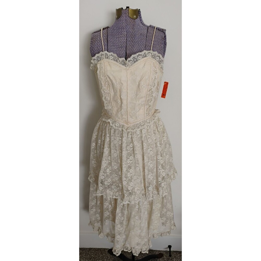 Vtg Lace Dress Women's Cream Midi Cottage Fairy Prairie Pearl XS New READ!
